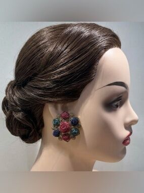 Cottagecore Fabric Ribbon Rosette Flower Gold Tone Clip-On Earrings